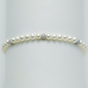  Bracciale con Perle  bianche con 3 Boule Diamantate in Oro bianco 