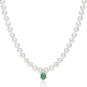  Collana di Perle in Oro bianco Diamanti e Smeraldi
