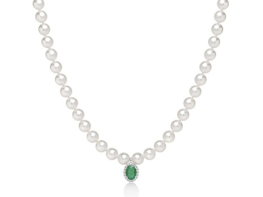 Collana di Perle in Oro bianco Diamanti e Smeraldi 