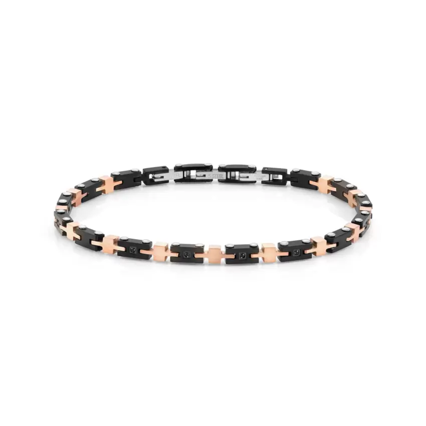 Bracciale Strong Ed Diamond In Acciaio E 8 Diamanti Nero E Oro Rosa  