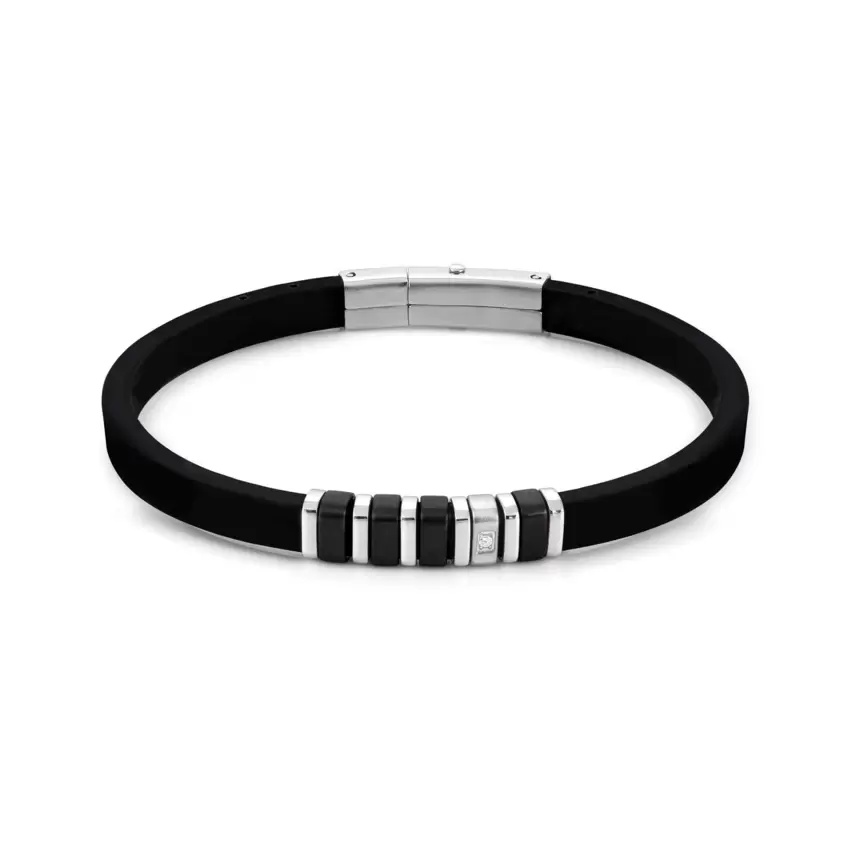 Bracciale City In Acciaio Caucciù E Cz Bianco Nero  