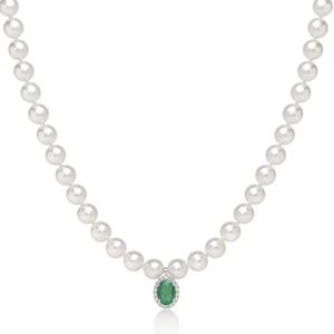 Collana di Perle in Oro bianco Diamanti e Smeraldi